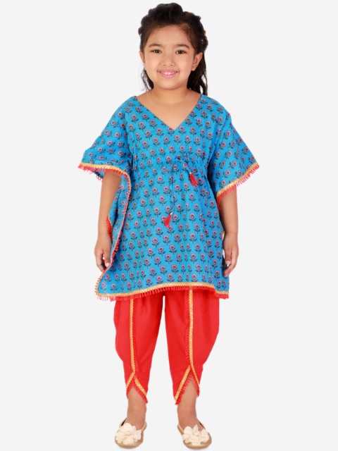 

Superminis Girls Blue Floral Printed Gotta Patti Pure Cotton Kurti with Dhoti Pants