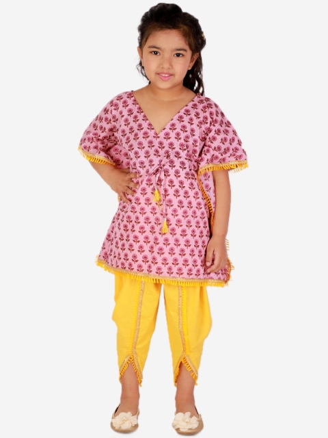 

Superminis Girls Pink & Yellow Floral Printed Pure Cotton Kurti with Dhoti Pants