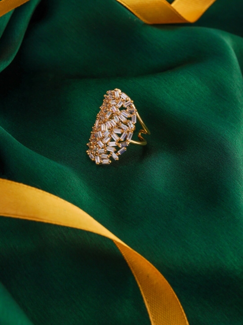

shaze Rhodium-Plated Gold-Toned & White CZ-Studded Adjustable Finger Ring