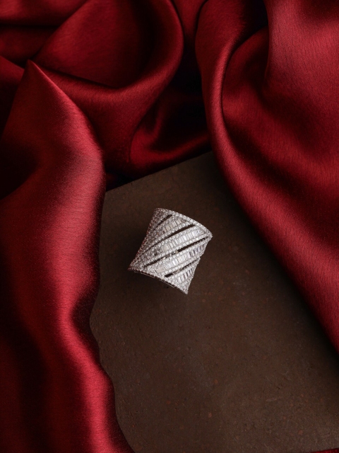

shaze Women Rhodium-Plated Silver-Toned & White CZ-Studded Finger Ring