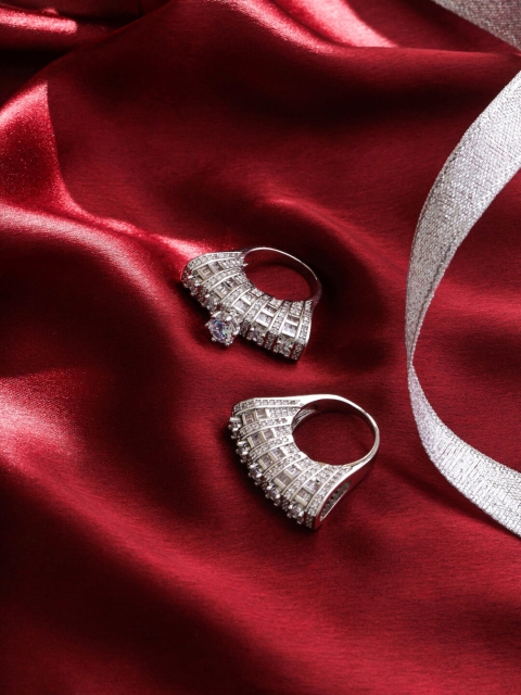 

shaze Set Of 2 Silver Rhodium-Plated CZ-Studded Finger Ring