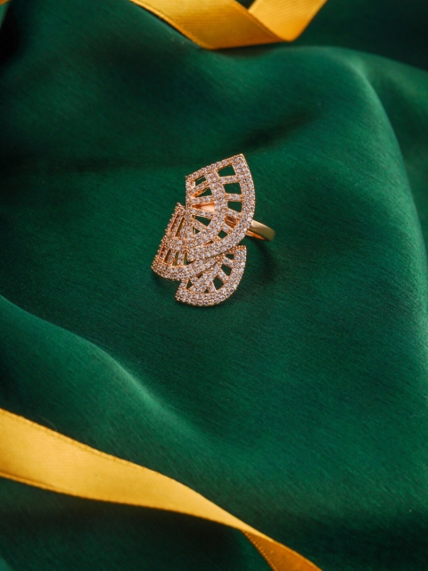 

shaze Rhodium-Plated White CZ-Studded Adjustable Finger Ring, Rose gold