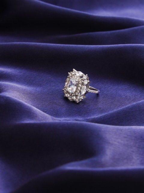 

shaze Rhodium-Plated White CZ-Studded Finger Ring, Silver