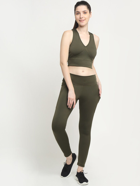 

EVERDION Women Olive Green Solid High Waist Tights & Sport Bra Slim-Fit Tracksuits