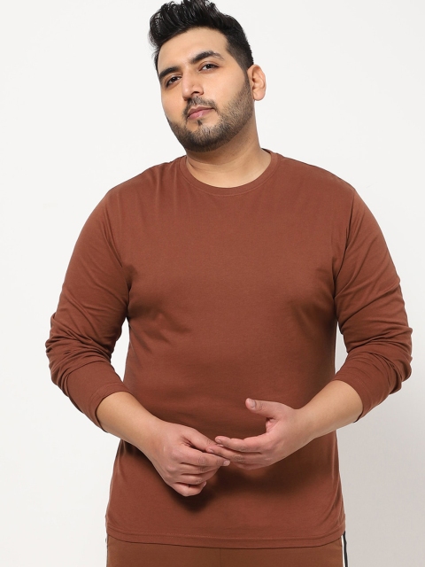 

Bewakoof Plus Men Brown Solid Full Sleeve Cotton T-shirt