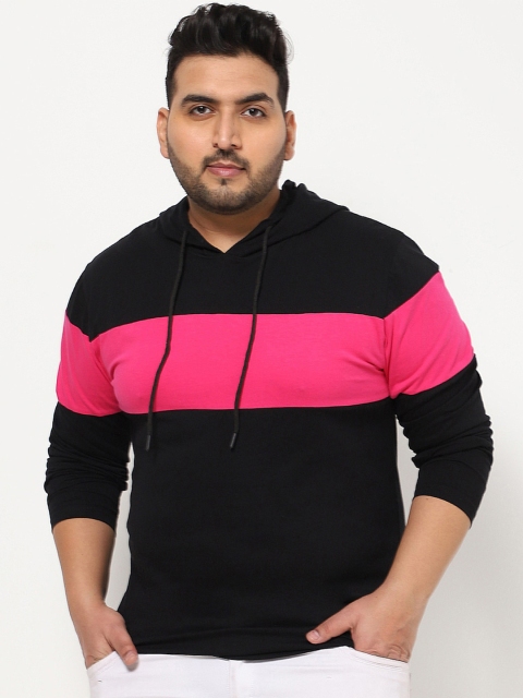 

Bewakoof Plus Men Black & Pink Colourblocked Hooded Cotton T-shirt