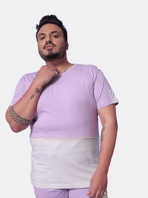 

Bewakoof Plus Men Purple V-Neck Colourblocked T-shirt, Lavender