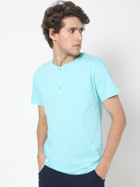 

Bewakoof Men Sky Blue Henley Neck Cotton T-shirt