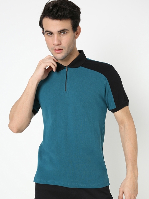 

Bewakoof Men Green & Black Solid Polo Cotton T-shirt