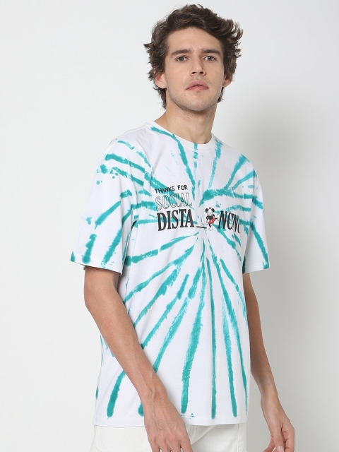 

Bewakoof Men White & Blue Loose Fit Tie & Dye Round Neck Cotton T-shirt