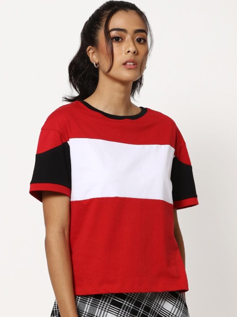 

Bewakoof Women Red & White Colourblocked Cotton T-shirt
