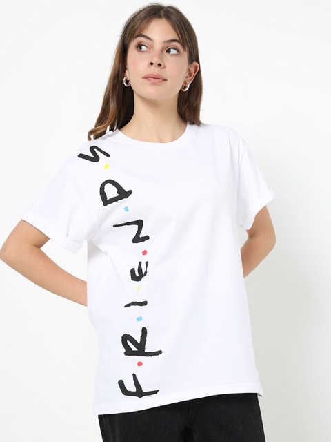 

Bewakoof Women White & Black Typography Printed Cotton T-shirt