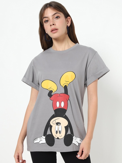 

Bewakoof Women Grey Mickey Mouse Printed Oversized Loose Cotton T-shirt