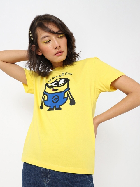 

Bewakoof Women Yellow & Blue Minions Printed Cotton T-shirt