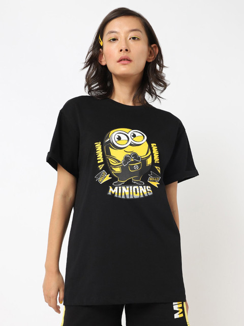 

Bewakoof Women Black & Yellow Minions Printed Cotton Loose T-shirt