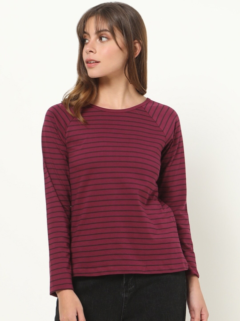 

Bewakoof Women Maroon & Black Striped Pure Cotton Slim Fit T-shirt