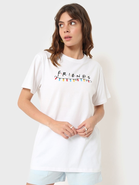 

Bewakoof Women White Friends Printed Oversized Cotton T-shirt