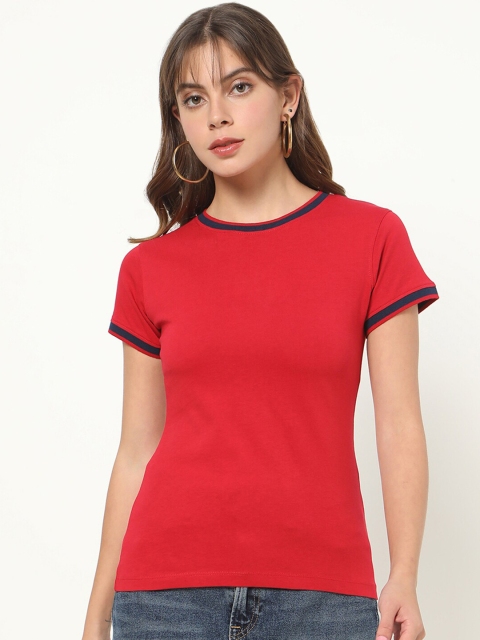 

Bewakoof Women Solid Red & Navy Blue Slim Fit Cotton T-shirt