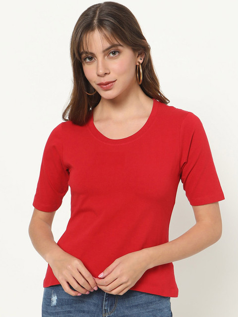 

Bewakoof Women Red V-Neck Drop-Shoulder Sleeves Raw Edge T-shirt
