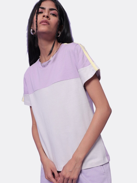 

Bewakoof Women Lavender & Yellow Colourblocked Cotton T-shirt