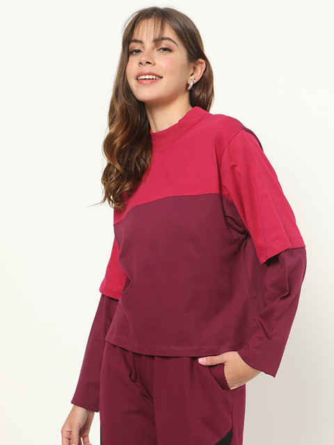 

Bewakoof Women Purple & Pink Colourblocked Cut N Sew Full sleeve T-shirt