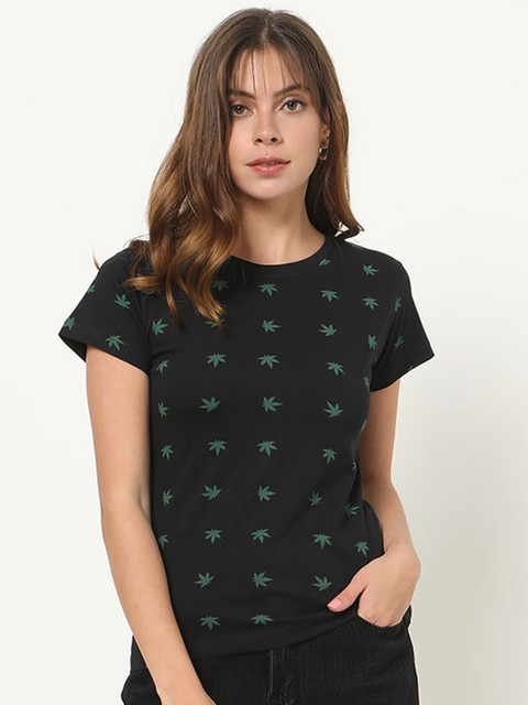 

Bewakoof Women Black Printed Extended Sleeves Pockets T-shirt