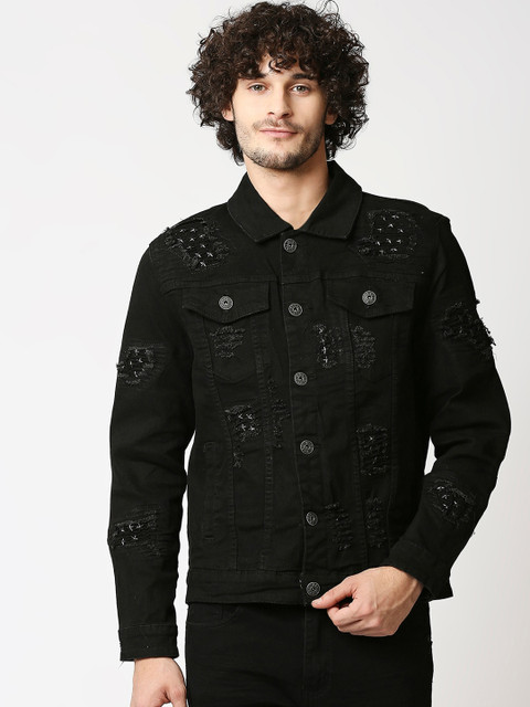 

WAIMEA Men Black Washed Star Studded Ripped Denim Jacket