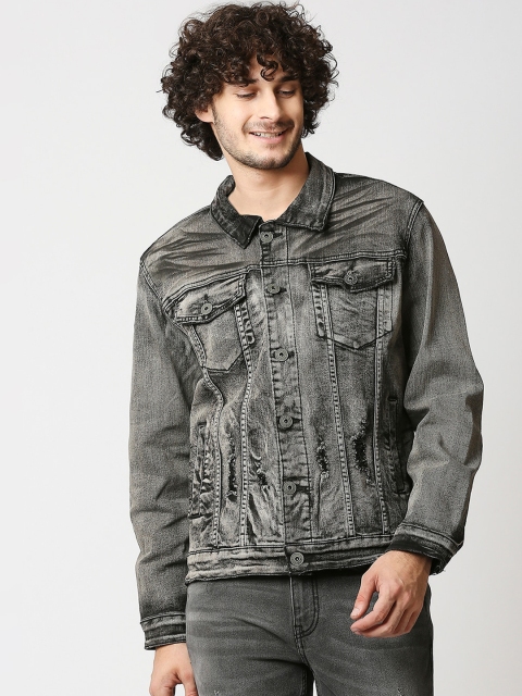 

WAIMEA Men Black Washed Faded Denim Jacket