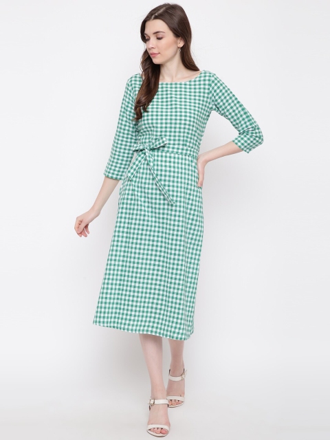 

FABNEST Green & White Checked A-Line Cotton Midi Dress