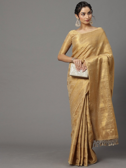 

Mitera Cream-Coloured & Gold-Toned Ethnic Motifs Silk Blend Kanjeevaram Saree