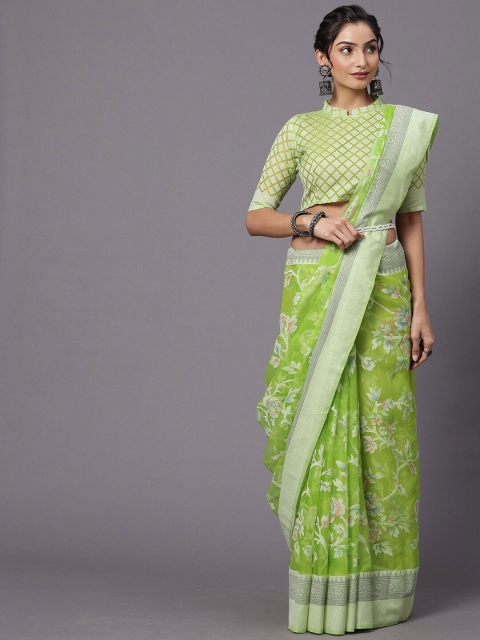 

Mitera Lime Green & Blue Floral Zari Brasso Chanderi Saree