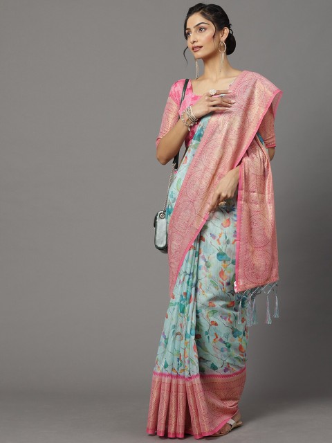 

Mitera Blue & Pink Floral Printed Silk Blend Banarasi Saree