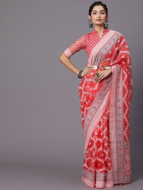 

Mitera Pink & White Floral Brasso Chanderi Saree