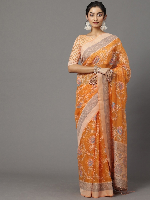 

Mitera Orange & Blue Floral Printed Brasso Chanderi Saree