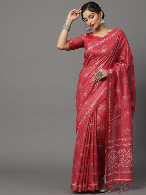 

Mitera Pink & White Bandhani Silk Blend Block Print Saree