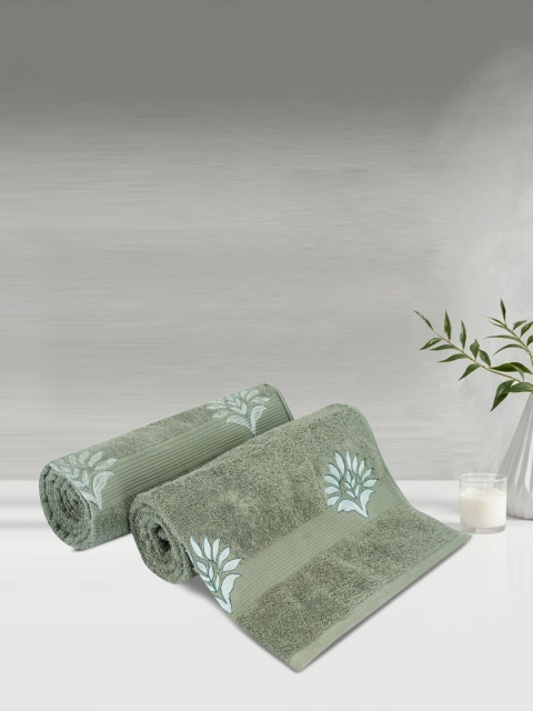

LUSH & BEYOND Set Of 2 Olive Printed Pure Cotton 500 GSM Bath Towels