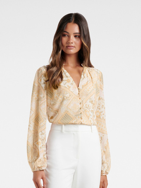 

Forever New Cream-Coloured Floral Printed Mandarin Collar Regular Top