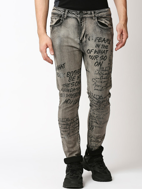 

WAIMEA Men Black Typography Printed Skinny Fit Heavy Fade Stretchable Cotton Jeans