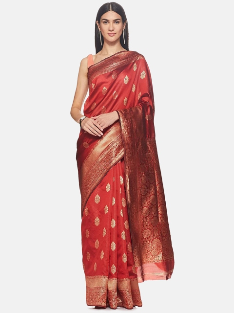 

IVOC Red & Gold-Toned Ethnic Motifs Zari Art Silk Banarasi Saree