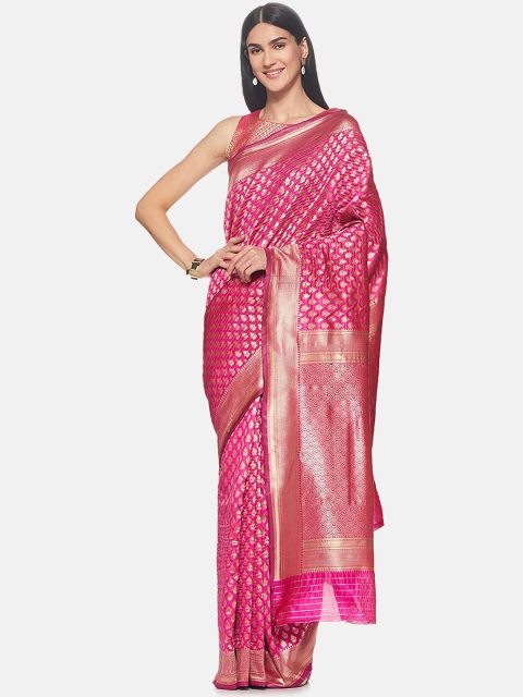 

IVOC Pink & Gold Ethnic Motifs Art Silk Banarasi Saree