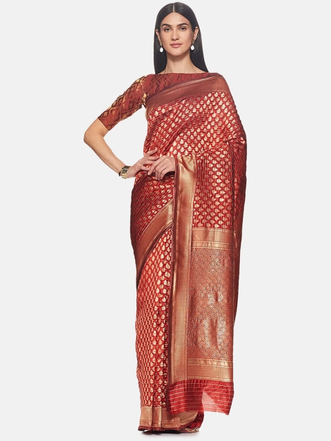 

IVOC Red & Gold-Toned Ethnic Motifs Zari Art Silk Banarasi Saree