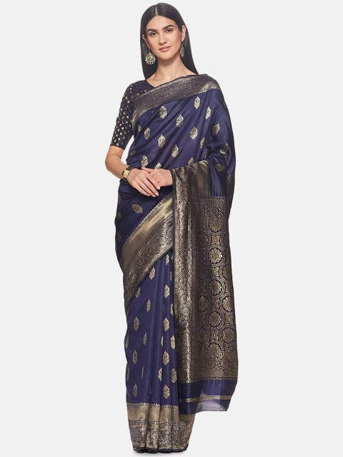 

IVOC Navy Blue & Gold-Toned Ethnic Motifs Zari Art Silk Banarasi Saree