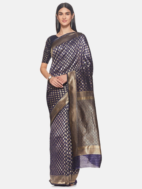 

IVOC Navy Blue & Gold-Toned Woven Design Art Silk Banarasi Saree