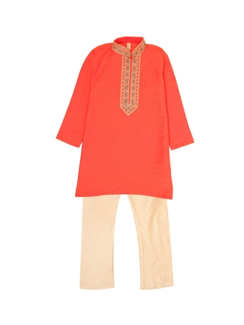 

Ethnicity Boys Orange Embroidered Kurti with Pyjamas