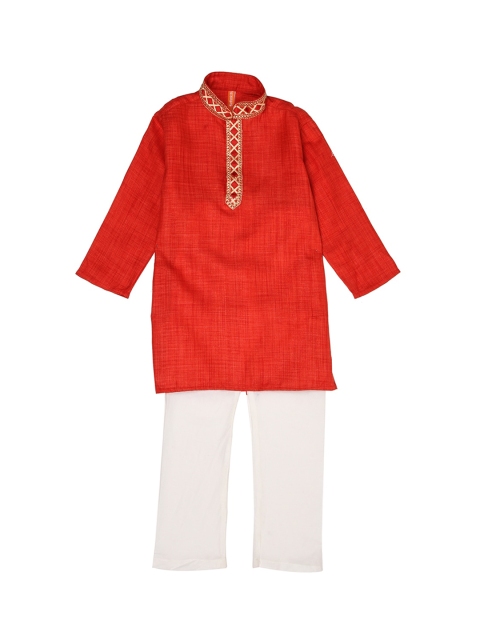 

Ethnicity Boys Maroon & White Embroidered Kurta with Pyjamas