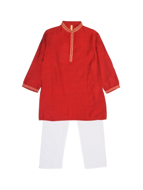 

Ethnicity Boys Maroon & White Embroidered Kurta with Pyjamas