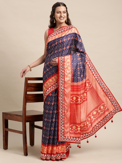 

VASTRANAND Women Navy Blue & Coral Embroidered Patola Print Party Wear Saree