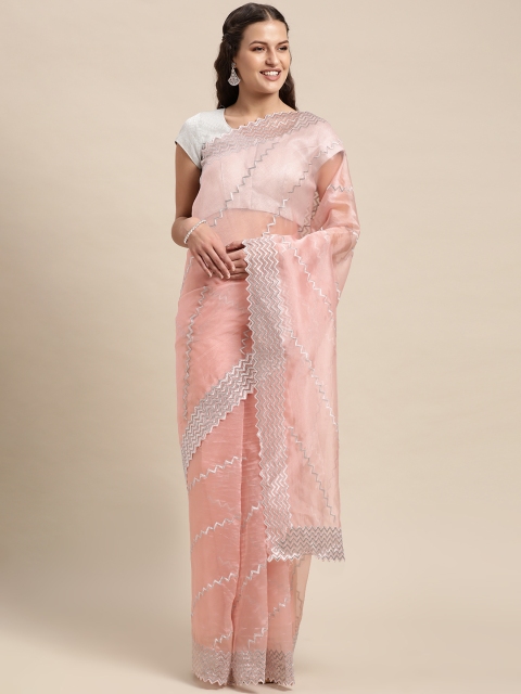 

VASTRANAND Pink & Grey Ethnic Motifs Embroidered Organza Party Wear Saree