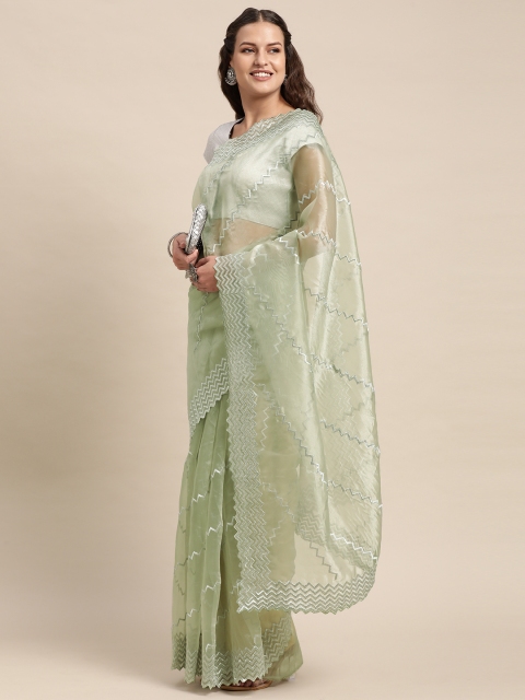 

VASTRANAND Olive Green Ethnic Motifs Embroidered Organza Party Wear Saree