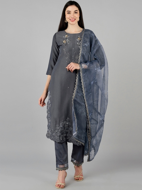 

AHIKA Women Charcoal Ethnic Motifs Embroidered Kurta with Trousers & With Dupatta